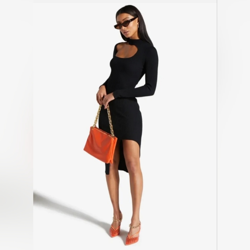 Women's Black XL full-length bodycon sweater dress with front and back cutouts.